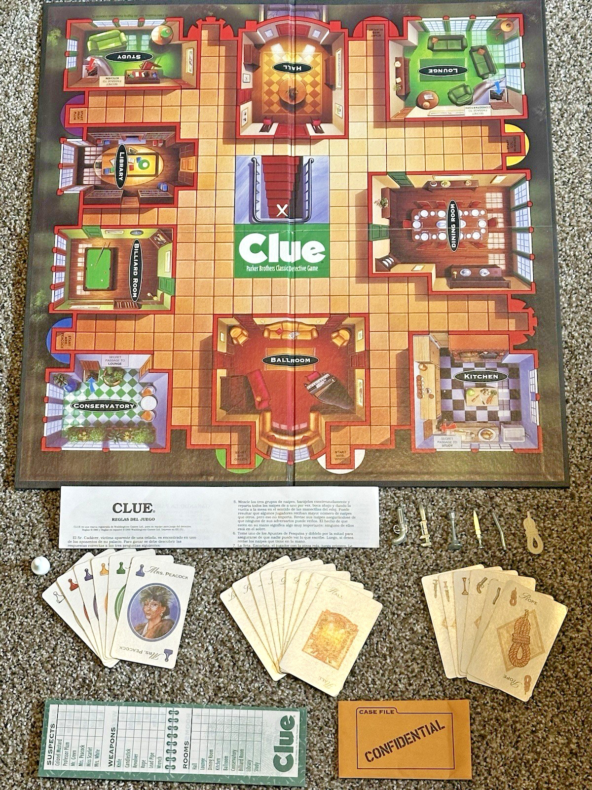 VTG 1998 CLUE Board Game Parker Brothers Hasbro 100% Case Cards Board PARTS