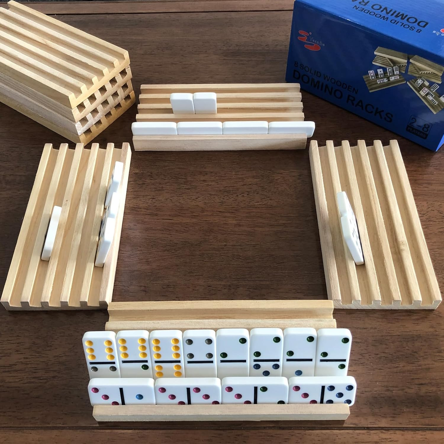 Yuanhe Domino Holder Trays Rack – Set of 8 Wooden Tiles Stand Holders for Mexica
