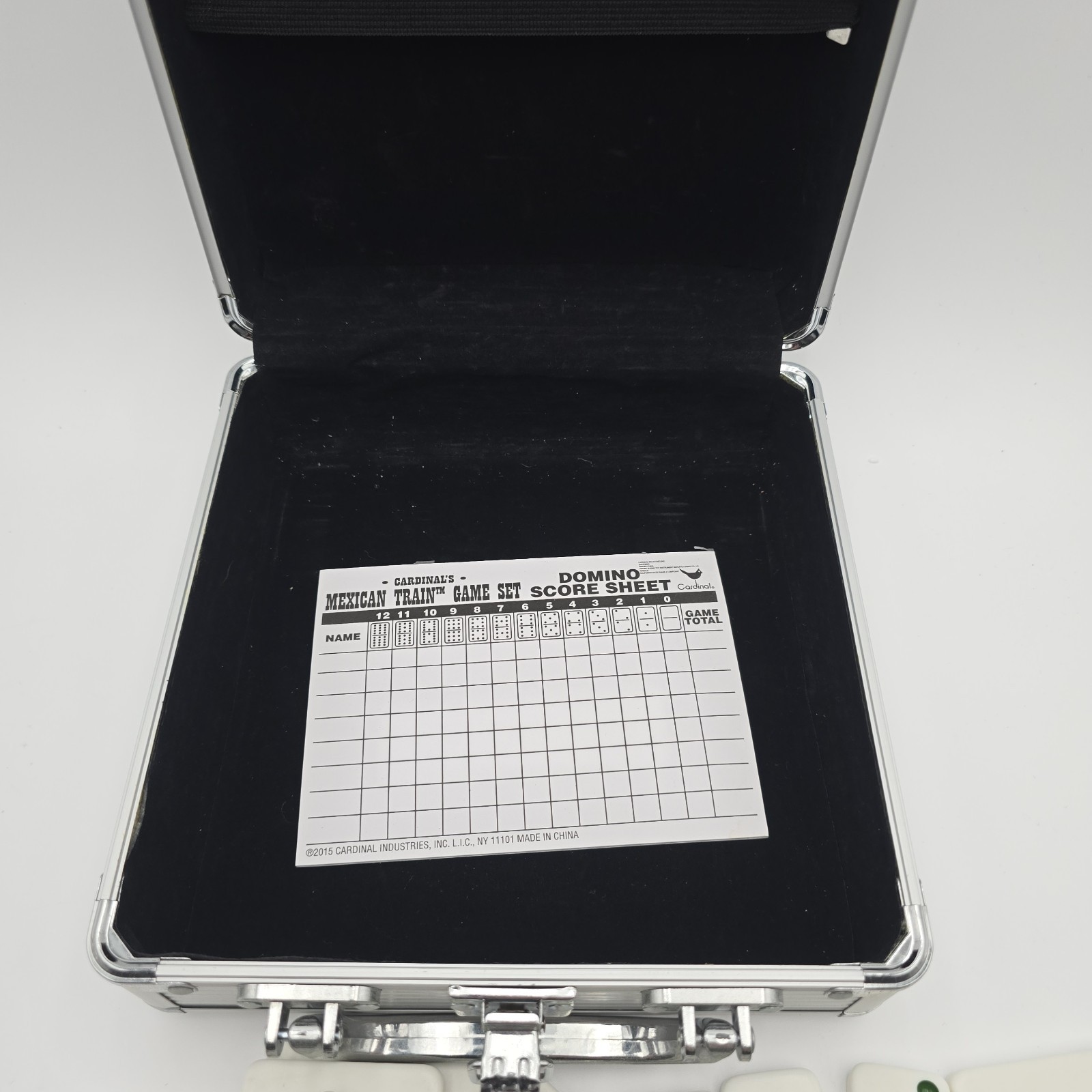 Cardinal Mexican Train Domino Game Set Score Sheets Metal Case Complete