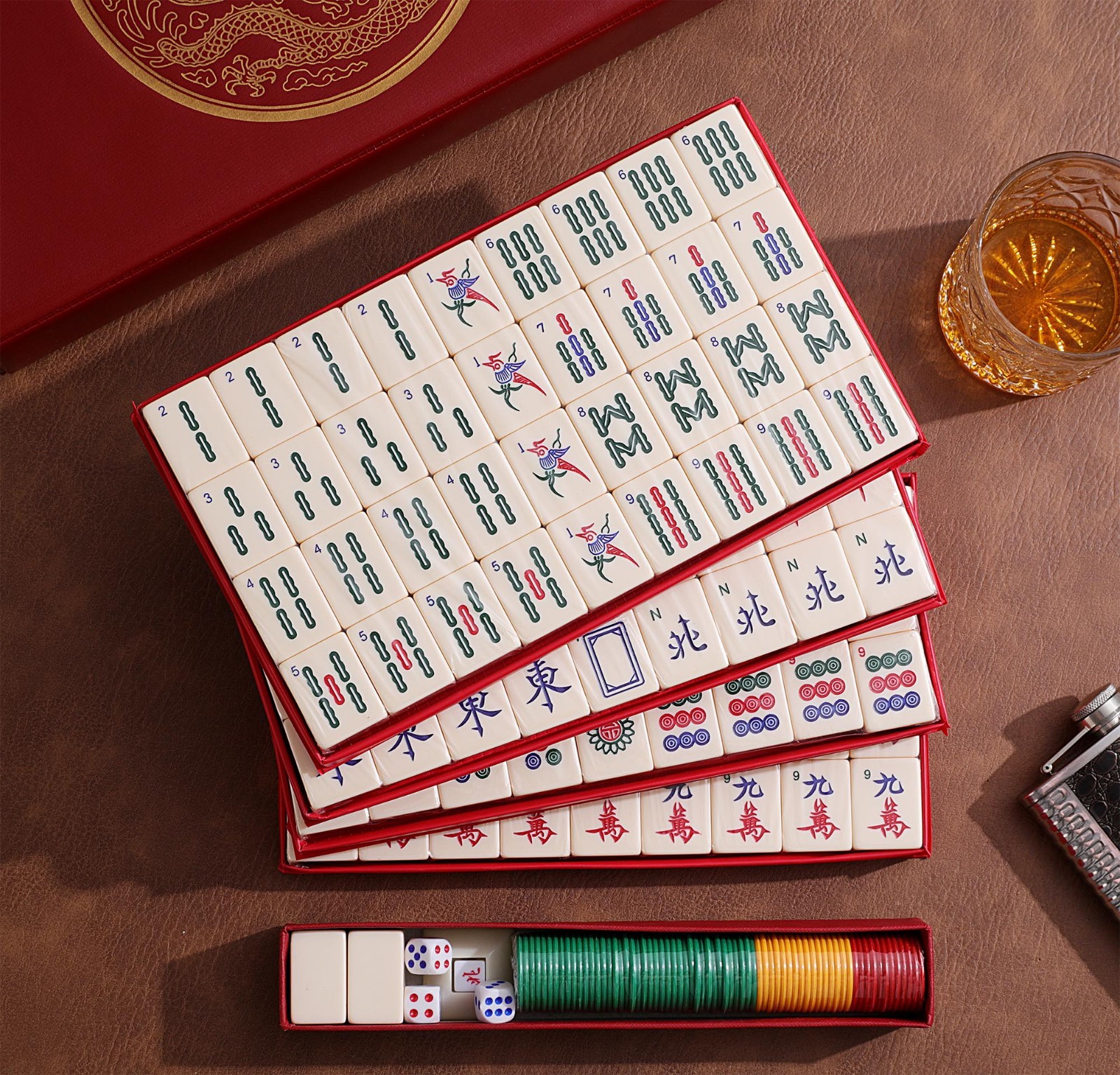 Chinese Mahjong Game Set 1.5″ X-Large 144 Numbered Ivory Color Tiles & Case