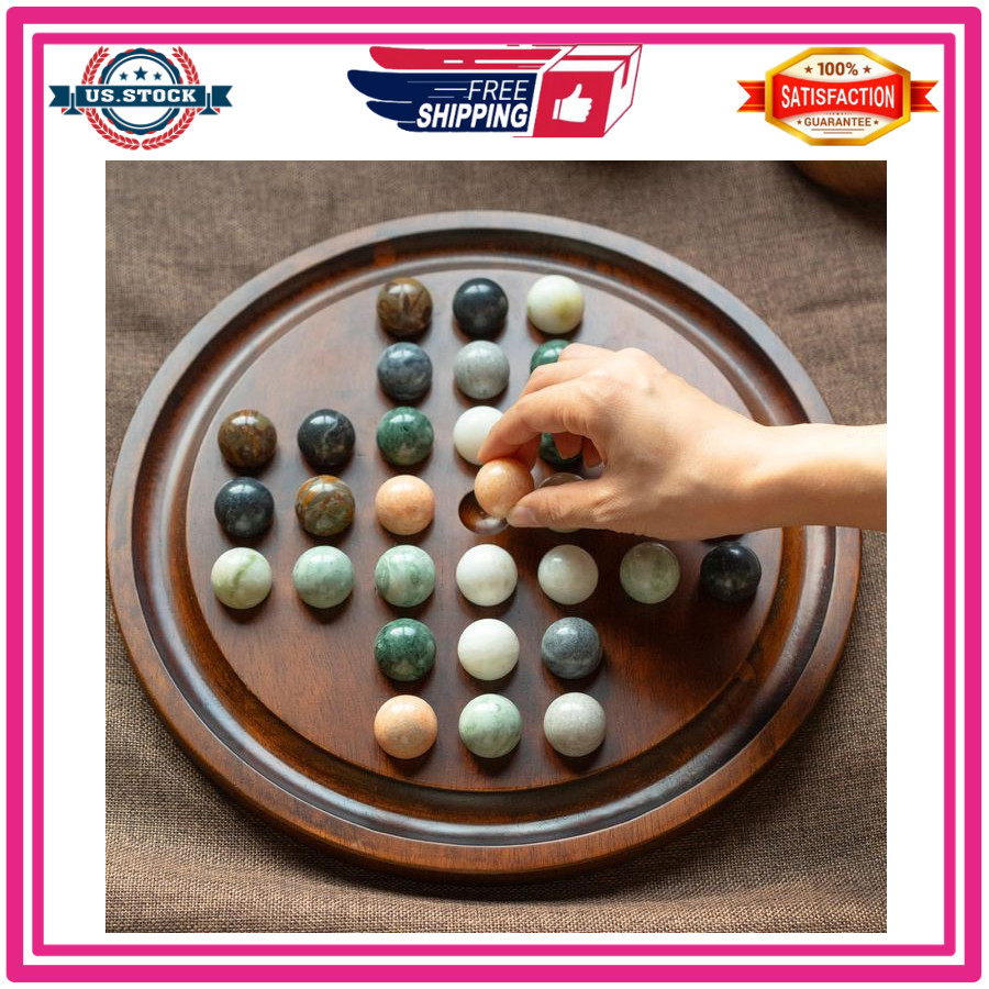 12.6” Wooden Solitaire Board Game Single Player Strategy with Marble Balls Set