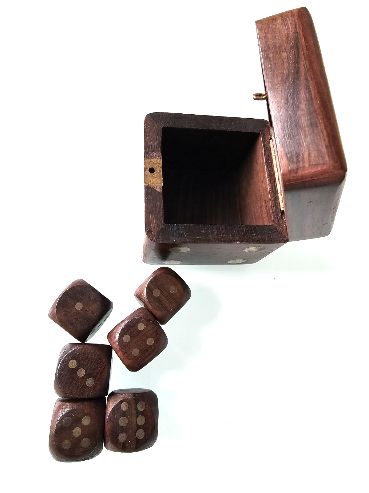 Set of 6 Wood Dice & Storage Box with inset brass decorative spots