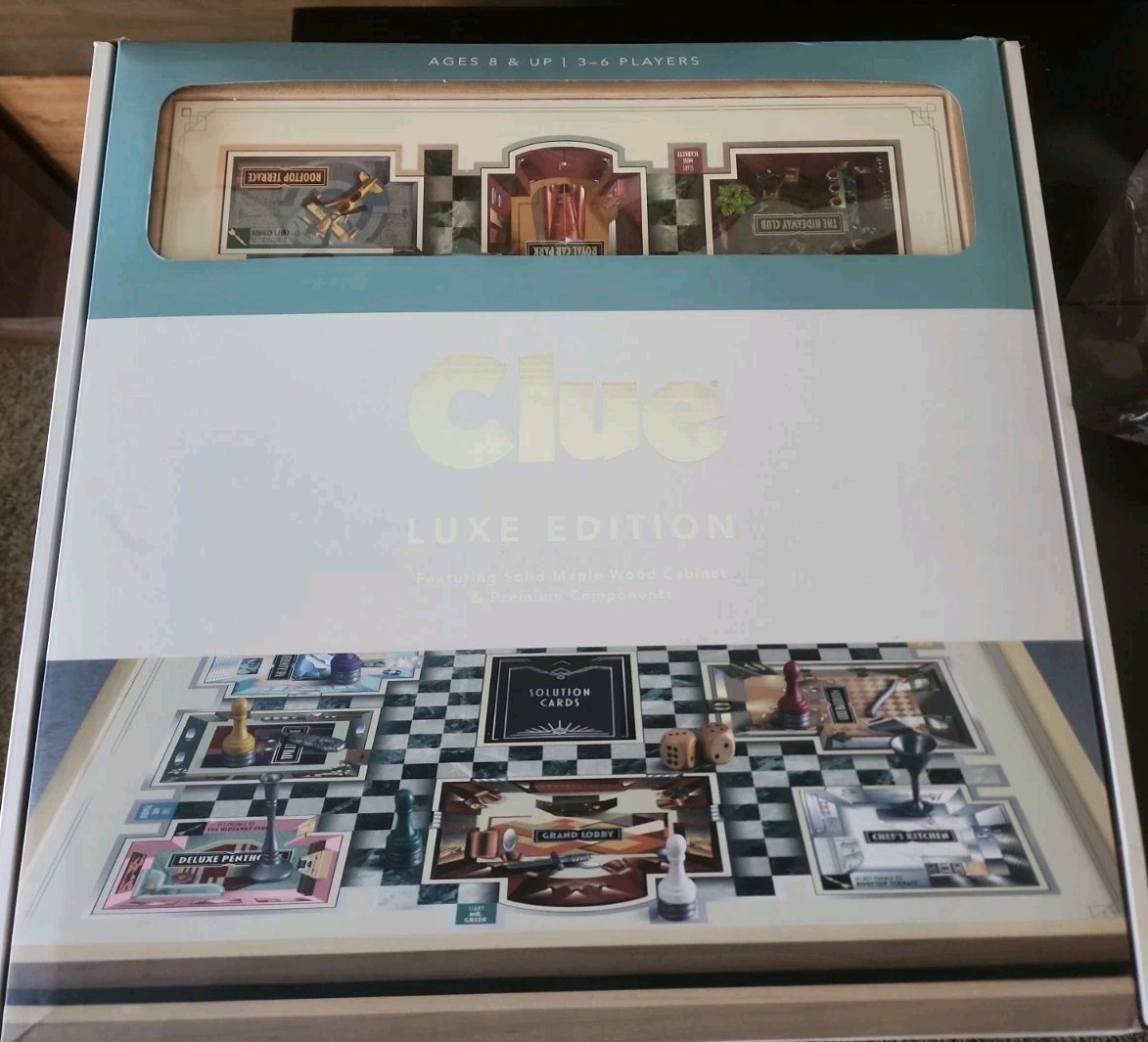 Large 20″ X 20″ Clue Board Game Luxe Edition Solid Maple Wood Cabinet – New