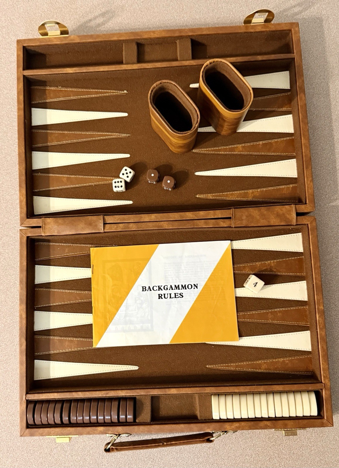 VTG Backgammon Briefcase Game Set Brown Faux Leather Racing Stripe Complete
