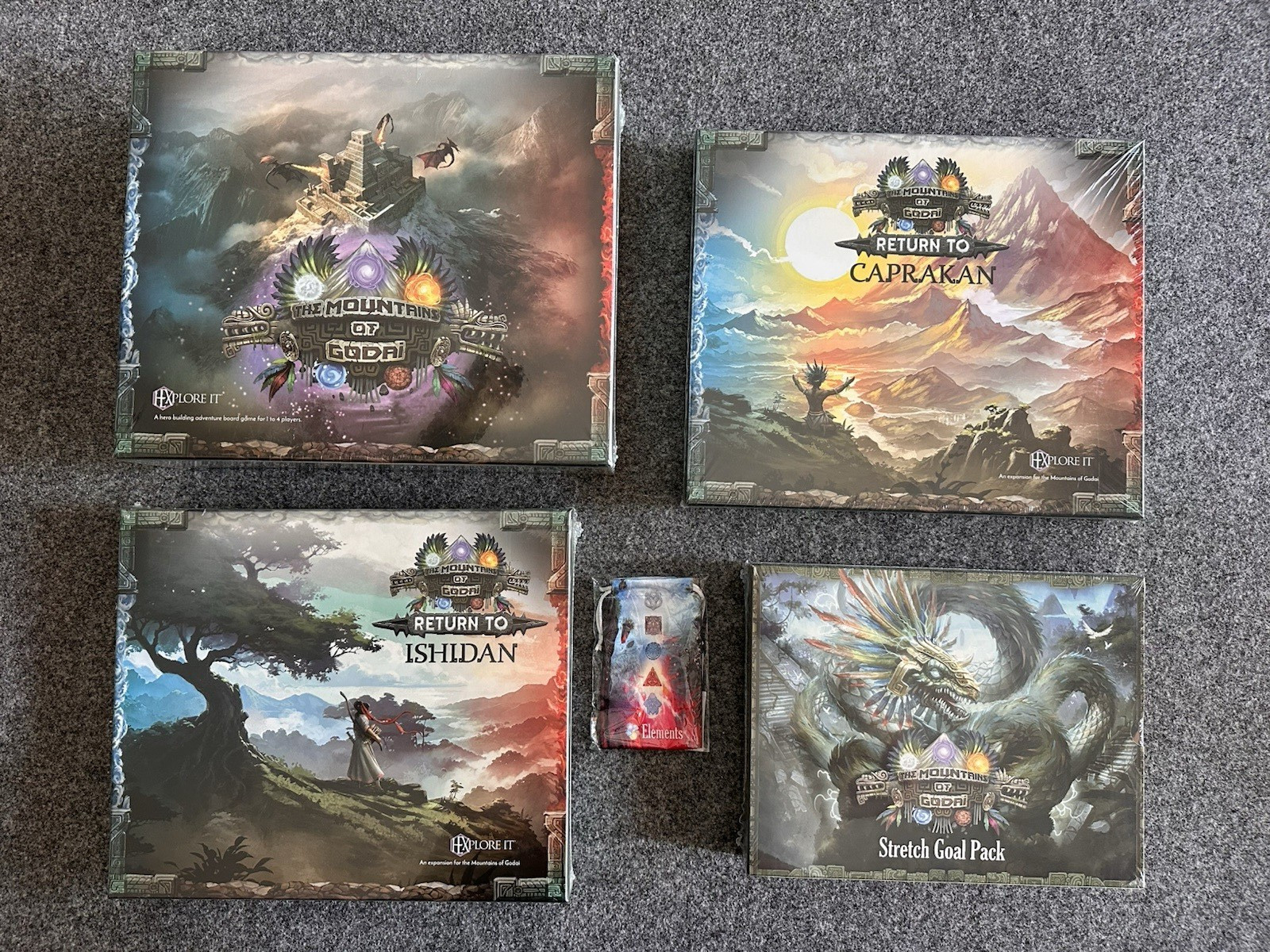 HEXplore-It The Mountains of Godai + Both Exps + SG Pack + Elemental Dice Bag