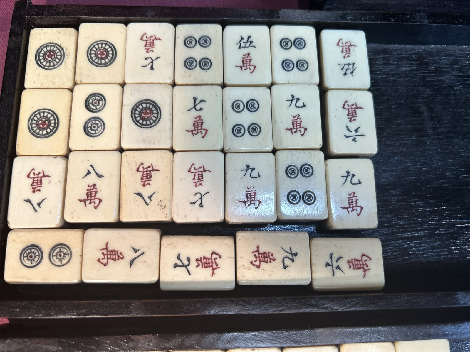 Vtg Chinese Mahjong Tiles Set w Characters Inlay Drawers Box Chest