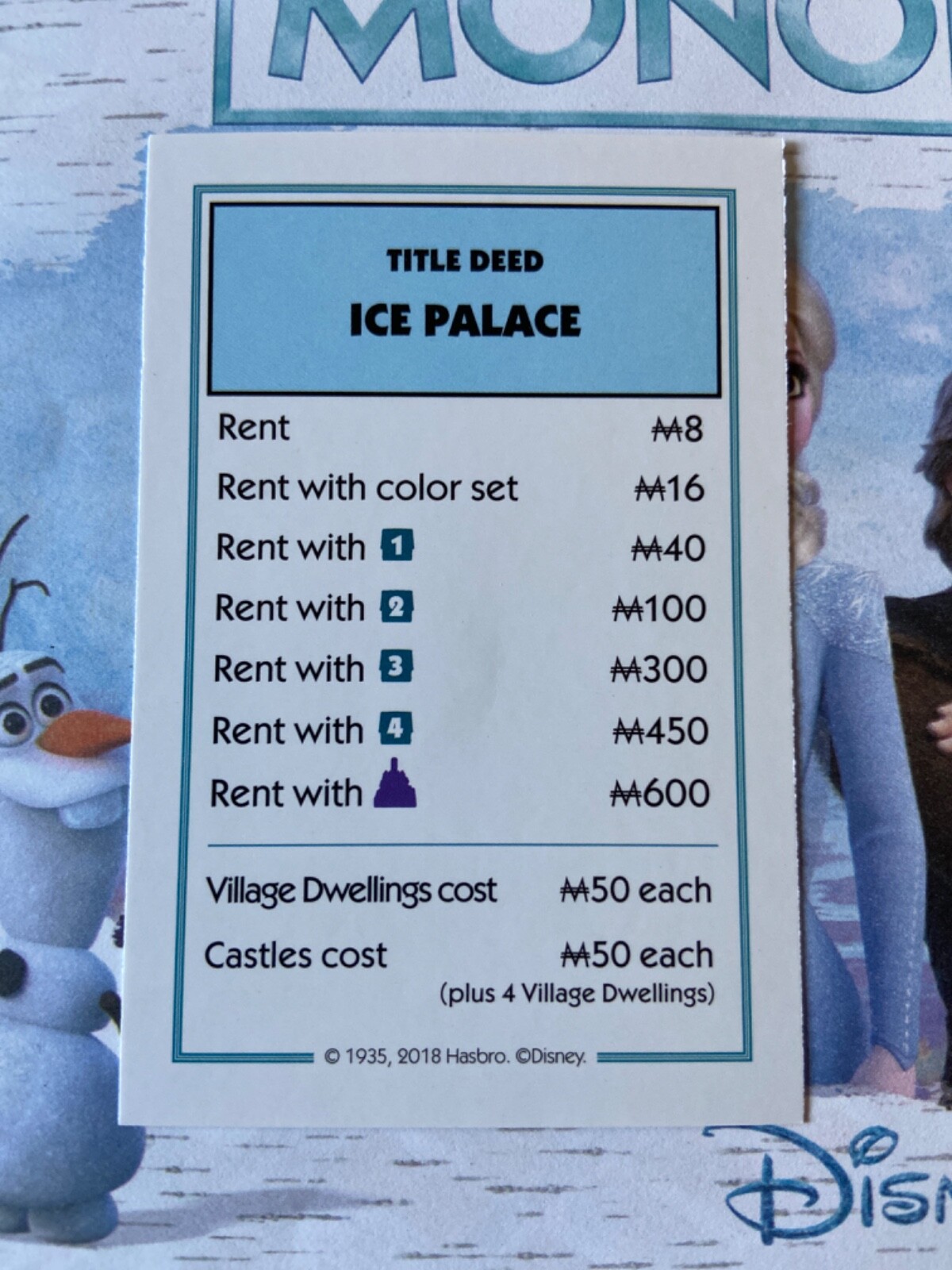 Disney Frozen Monopoly Ice Palace Light Blue Title Deed Card Game Piece Part