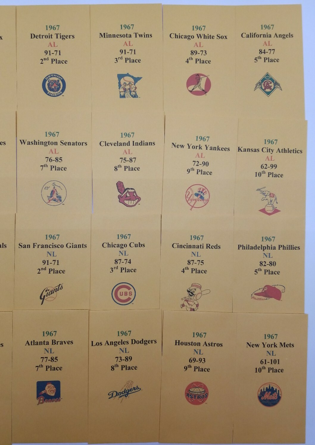 1967 Strat-O-Matic Baseball Printed Storage Envelopes with Stats and Team Logo