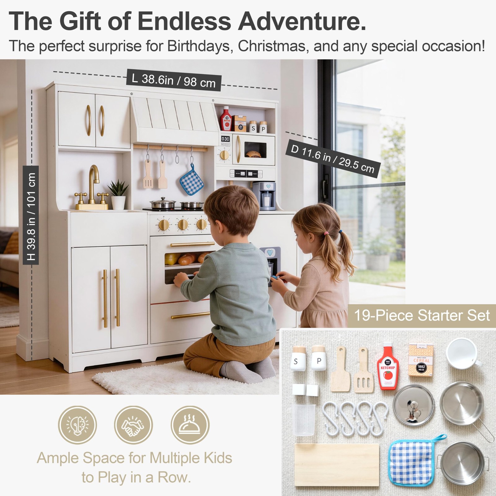 Kids Kitchen Playset Wooden Realistic Lights Sounds 19 Accessories Warm White