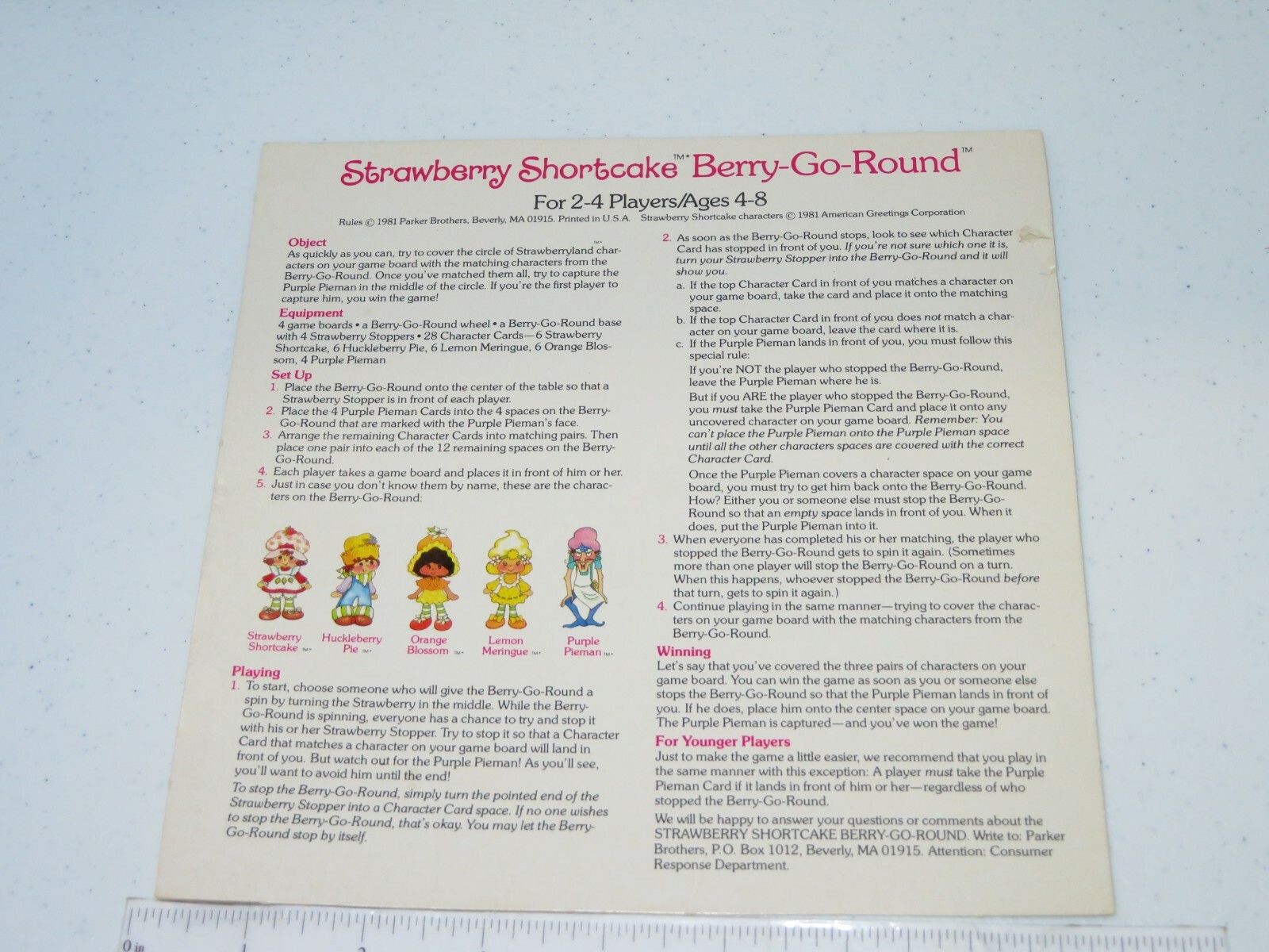 1981 Strawberry Shortcake Berry-Go-Round Board Game Instruction Manual Part Only