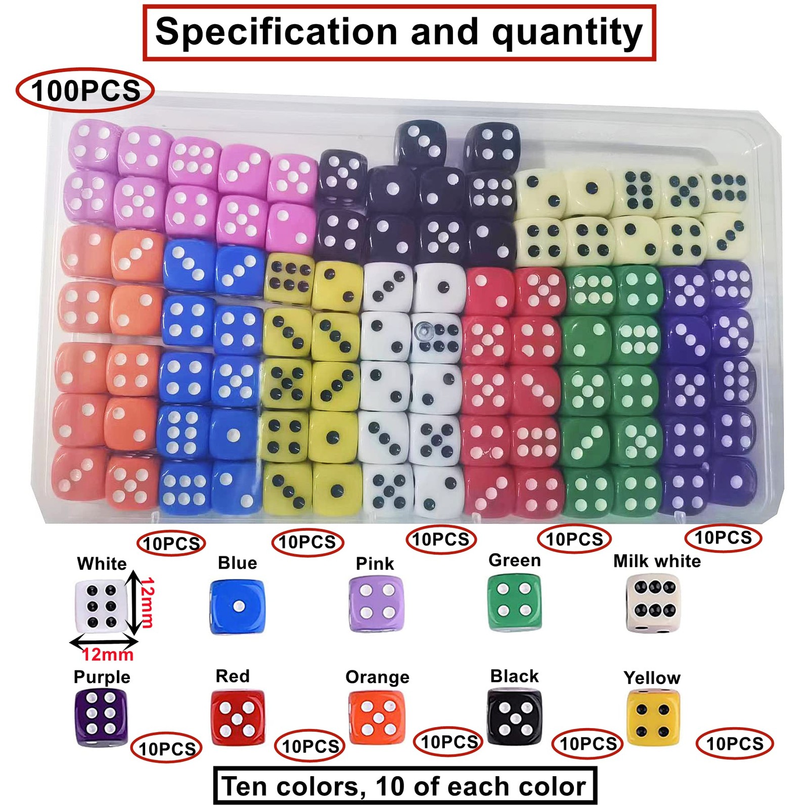 100pcs Dice 12mm Colorful Dice, 6 Sided 10 Colors, Translucent, Color…