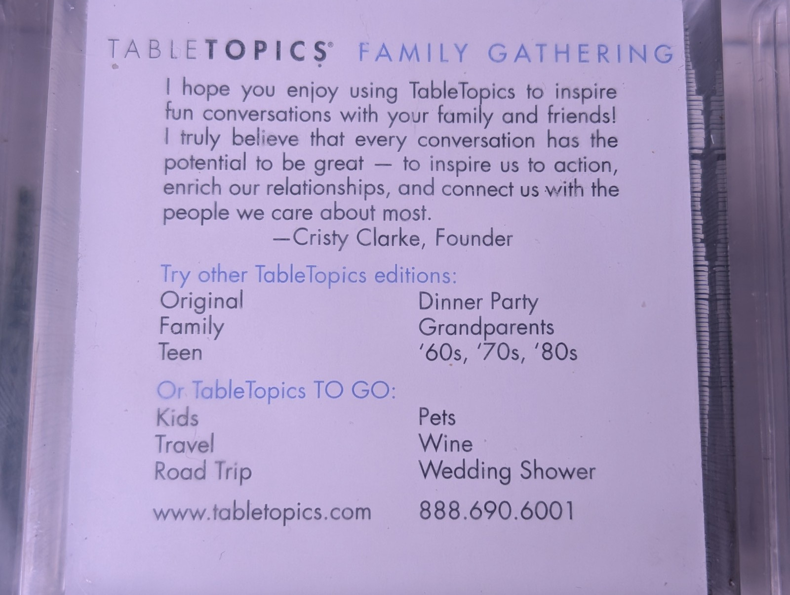 TableTopics Family Gathering Edition Conversation Starter Cards Game Clear Cube