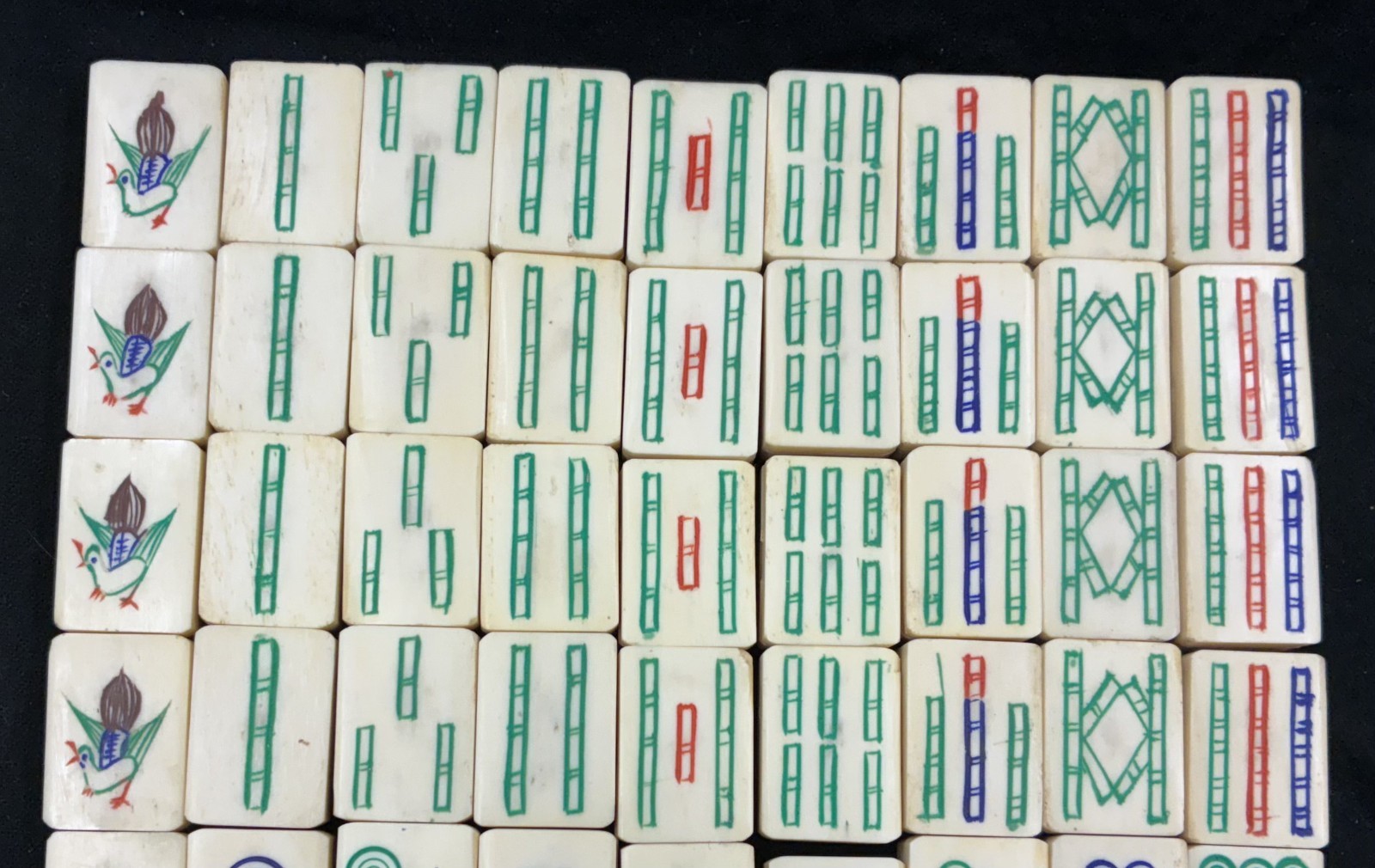 Vintage Chinese Bone & Bamboo Mahjong Set Metal Box 144 Tiles & Dice