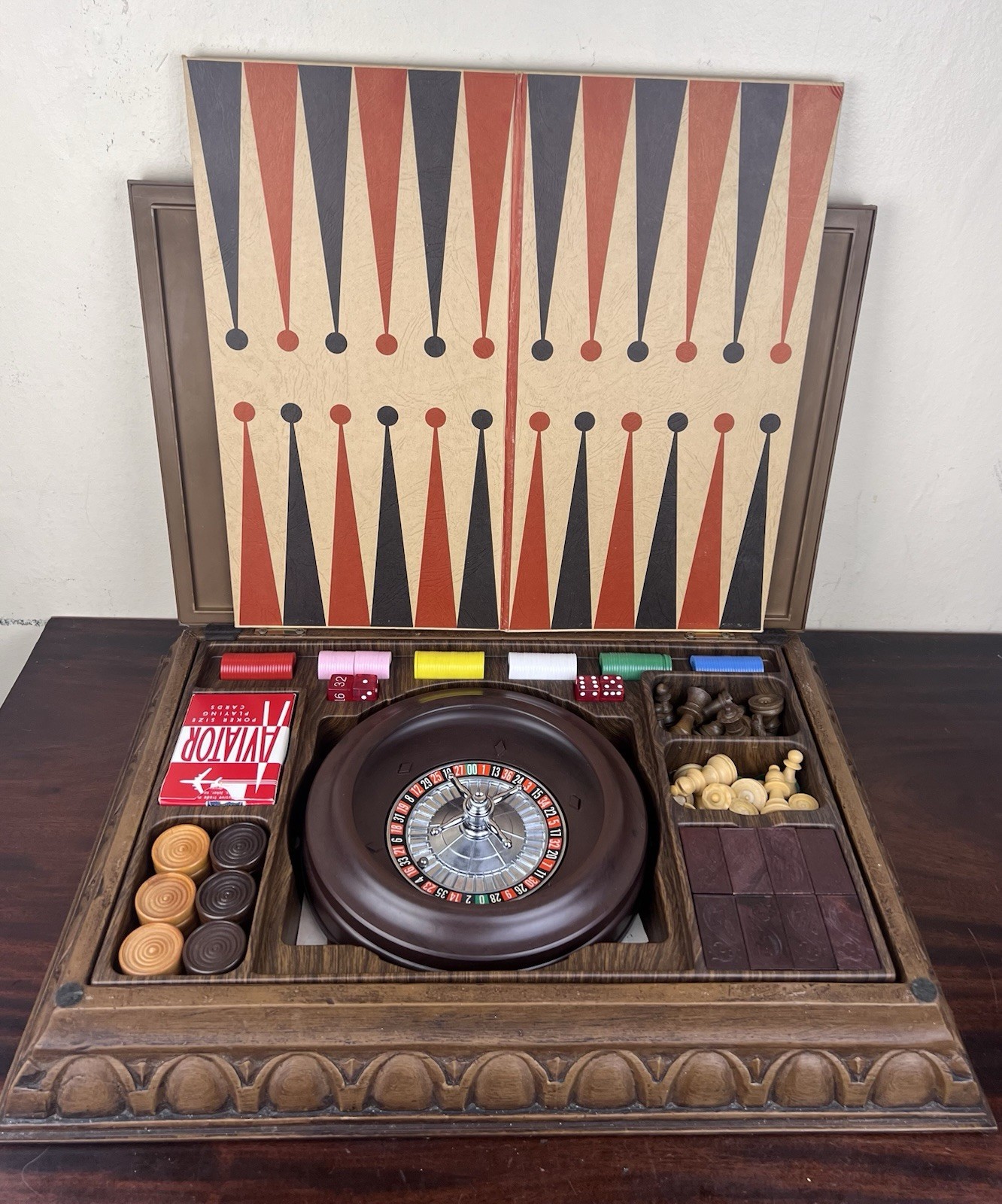 1970s Game Set w/ Box Chess Checkers Roulette Backgammon Dominoes Faux Wood