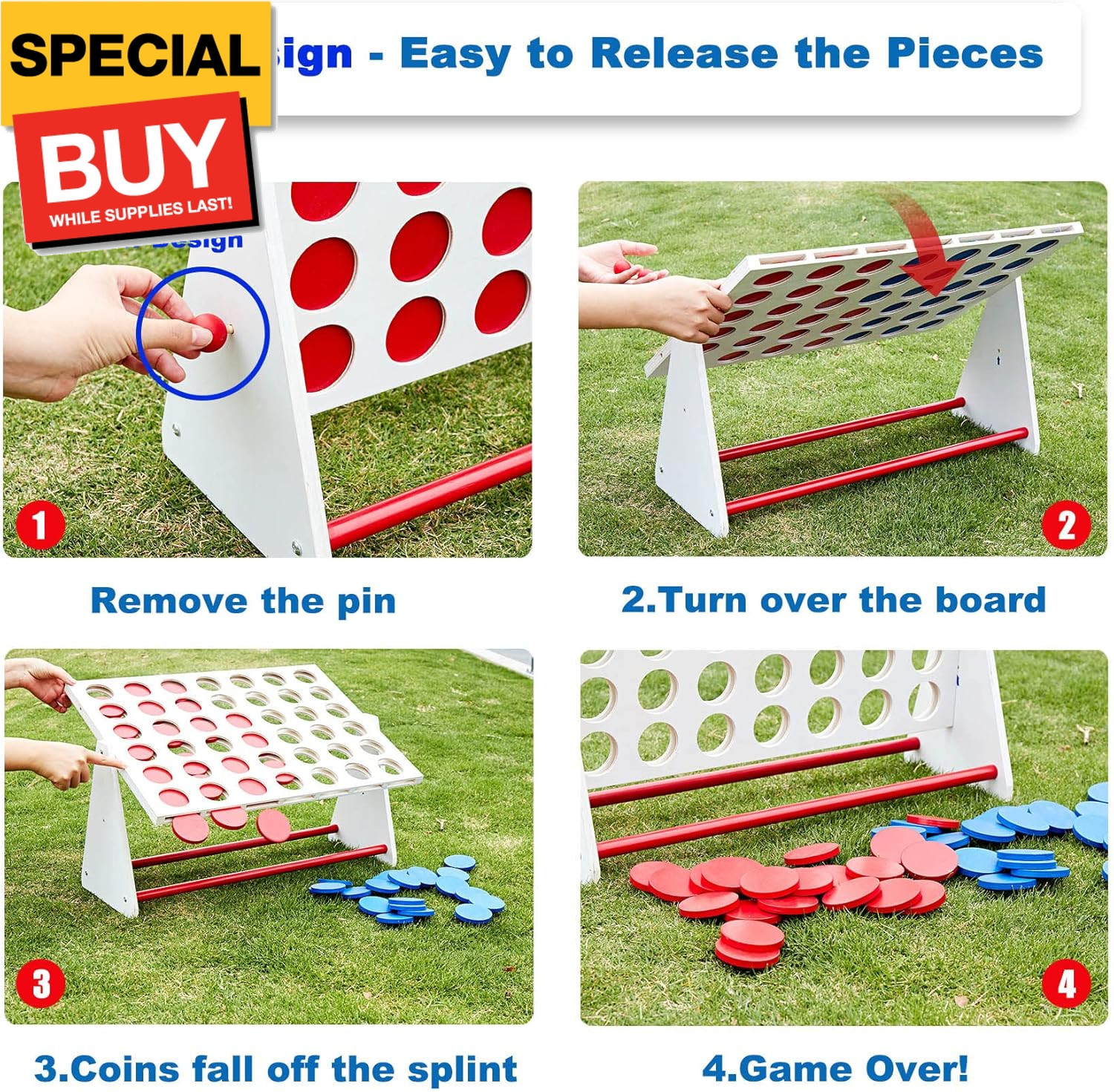 Portable Wooden 4 in a Row Game, Classic Wooden 4-to-Score Game Set with Coins &