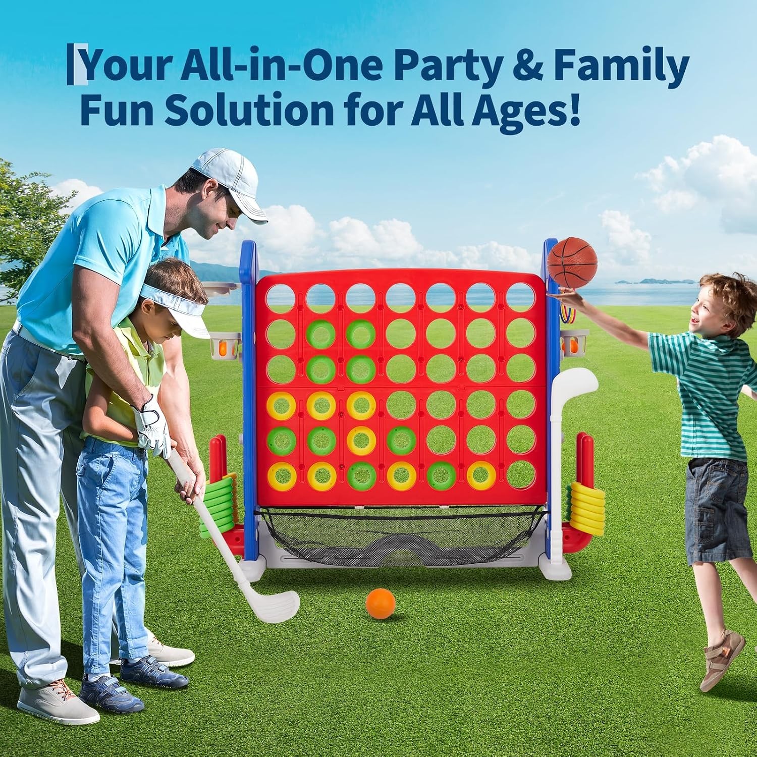 Giant 4-in-1 Connect Game Set Jumbo Outdoor Fun with Mini Basketball for Kids