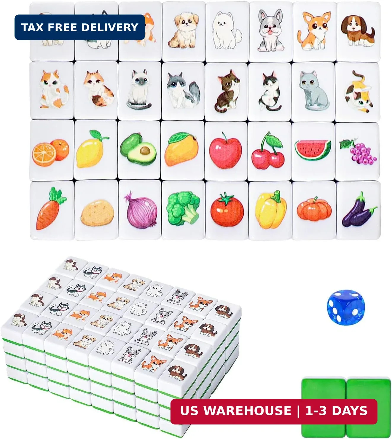 4 Players Mahjong Block Set, 128 Green Tiles(1.18″) with Animal and Food Pattern