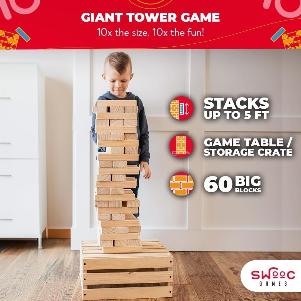 Giant Tower Game 60 Blocks Outdoor Yard Family Lawn Wooden Kids Adults