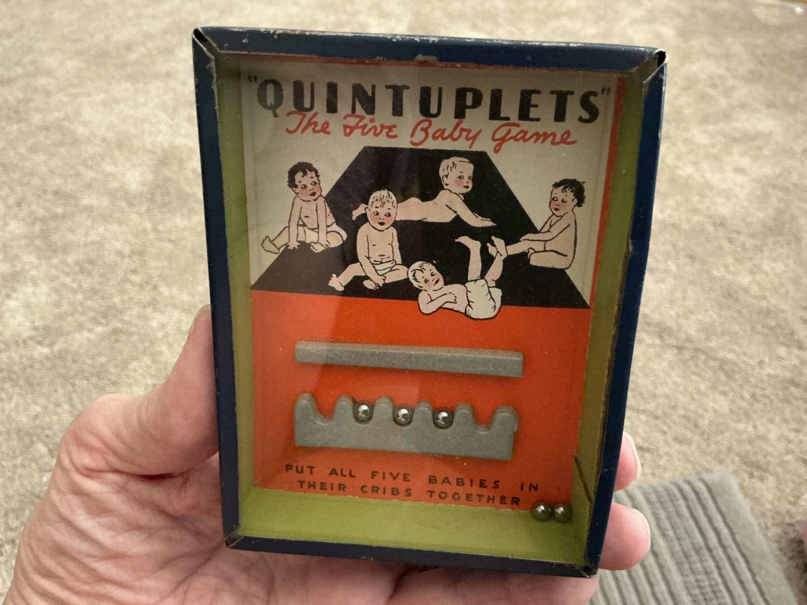 Vintage handheld dexterity game-Quintuplets-The Five Babies Game