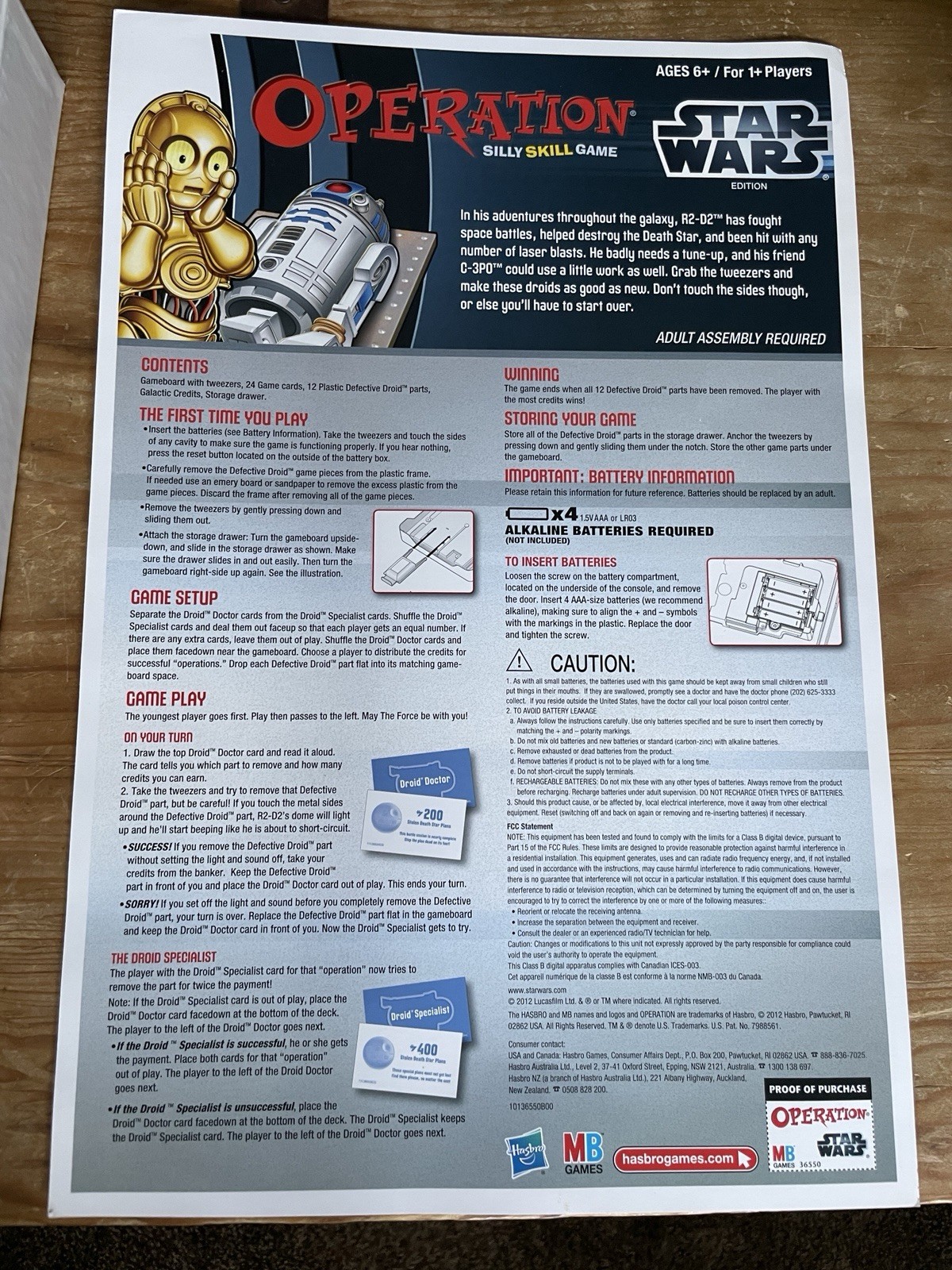 Star Wars Edition Operation Board Game 2011 Hasbro Complete-Works