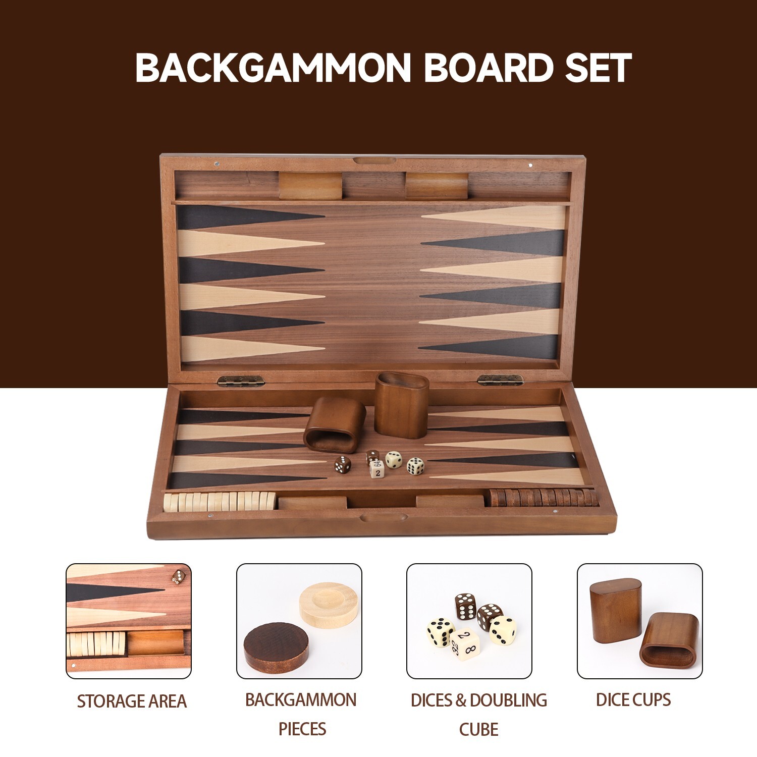 21″ Large Wood Backgammon Board Game Set.Inlay Double Stripe Board w/Game Pieces