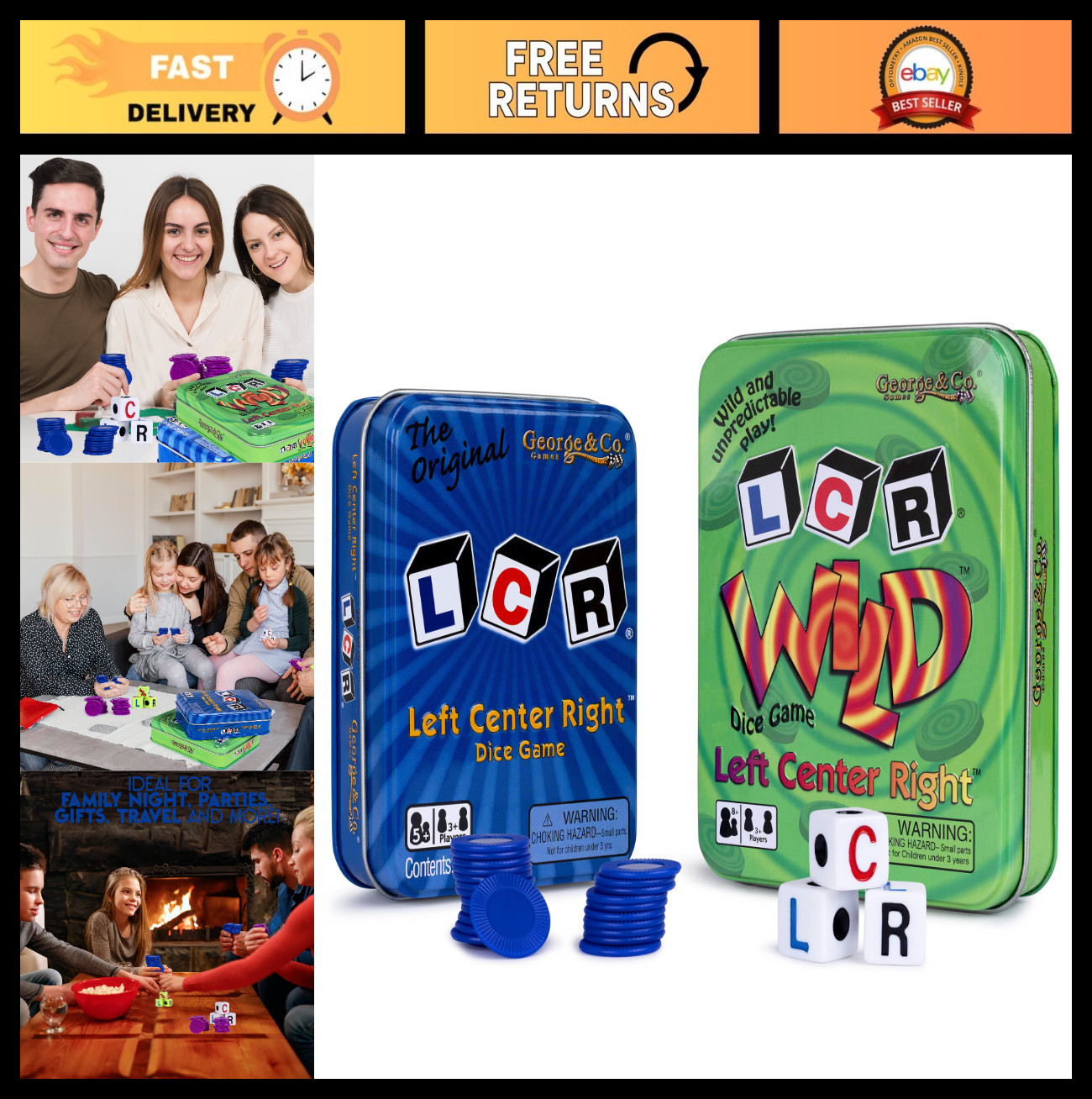LCR Left Right Center Dice Game Set – Blue & Green Tin Gift Bundle – 2 Pack