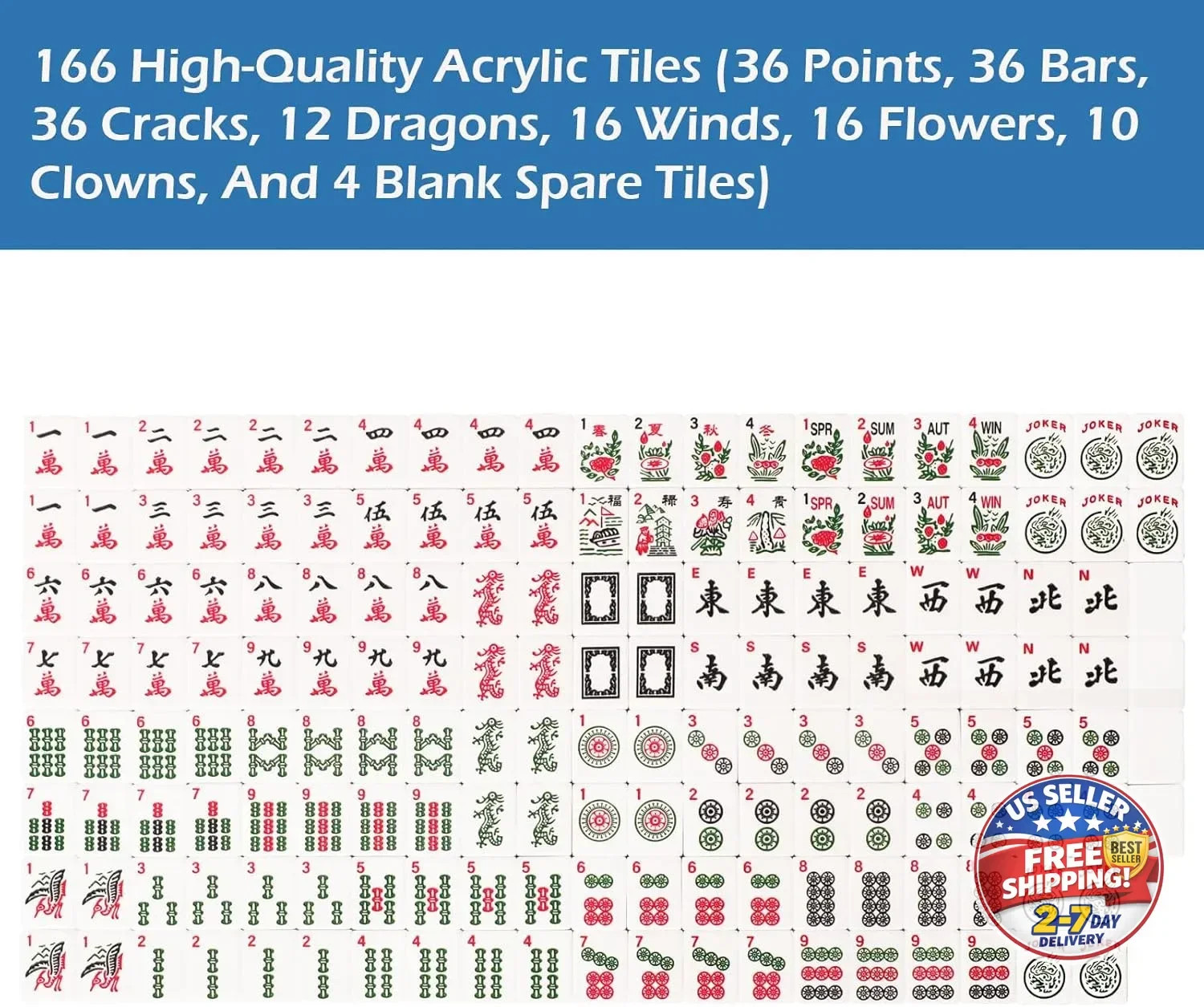 American Mahjong Set,166 Premium Acrylic Tiles with Blue Prints, 4 All-in-One Co
