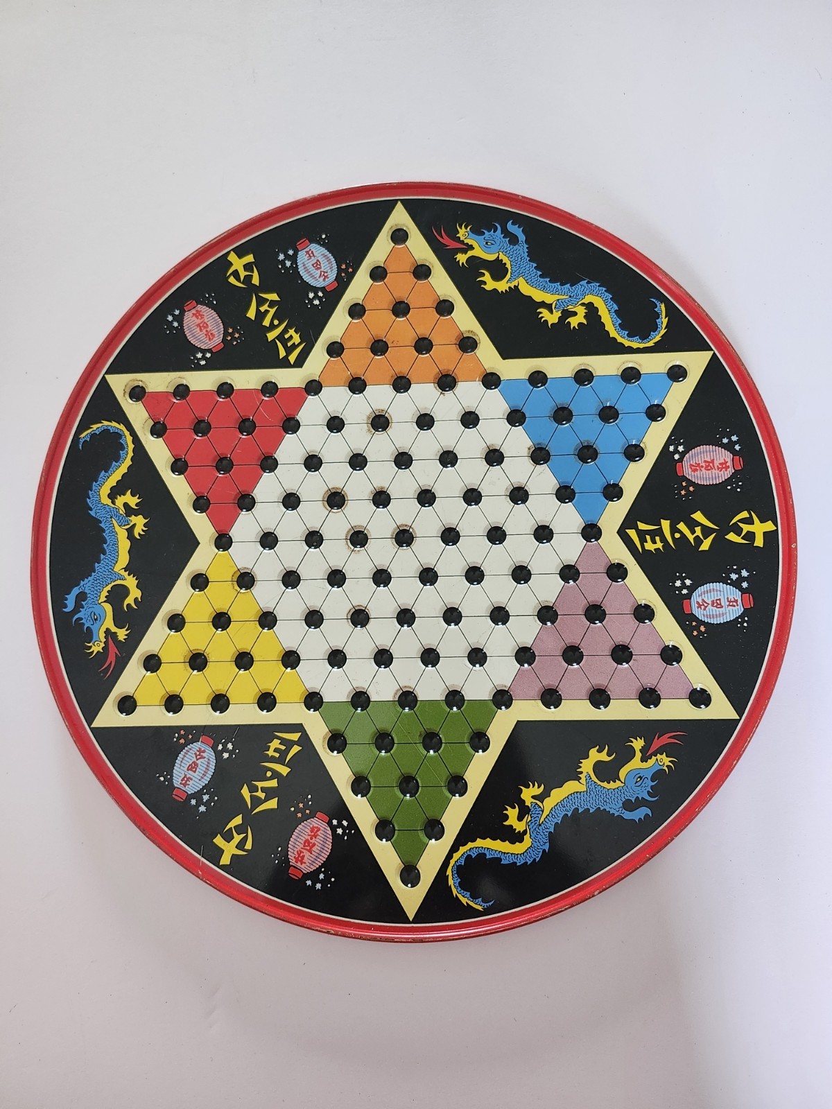 OHIO ART VINTAGE CHINESE CHECKERS LITHO TIN METAL DRAGON GAME – 34 MARBLES