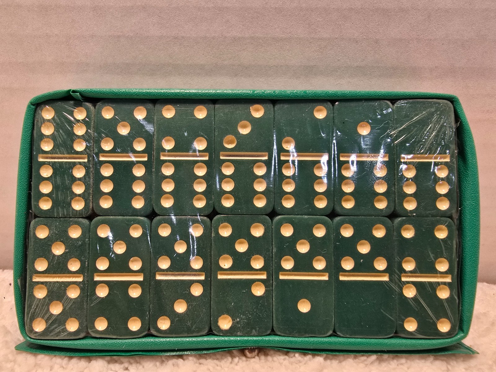 Vintage Double Six Standard Dominoes Set Of 28 In Original Case Green 3×5″ NEW