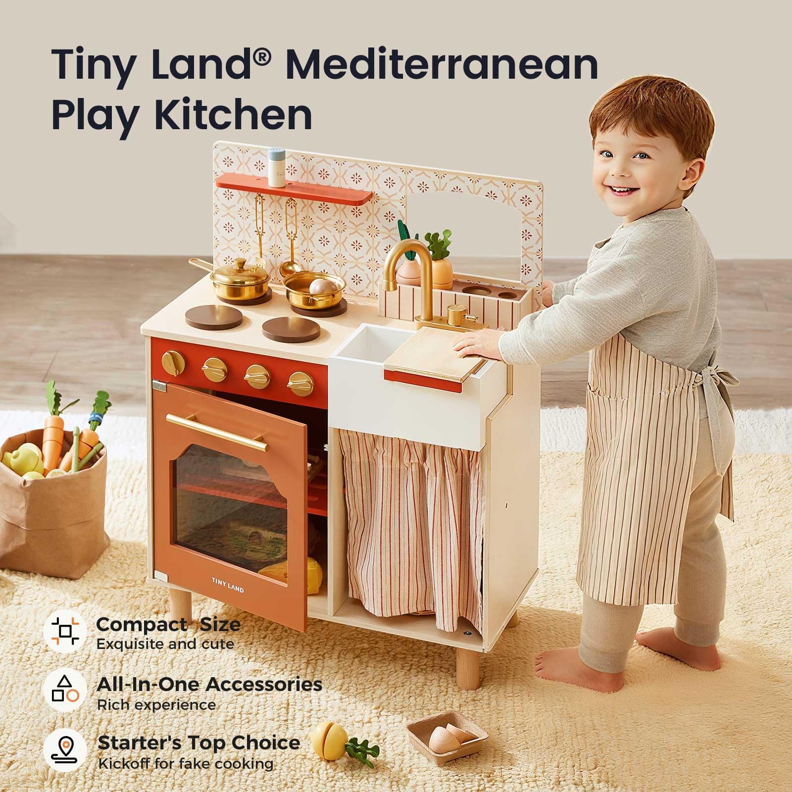 Wooden Play Kitchen Toddler Warm Retro Design 23 L x 12 W 29 H Tiny Land
