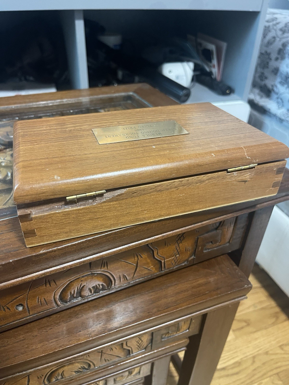 Vintage Drueke Domino Set Walnut Case 1965 Trophy Engraved Complete