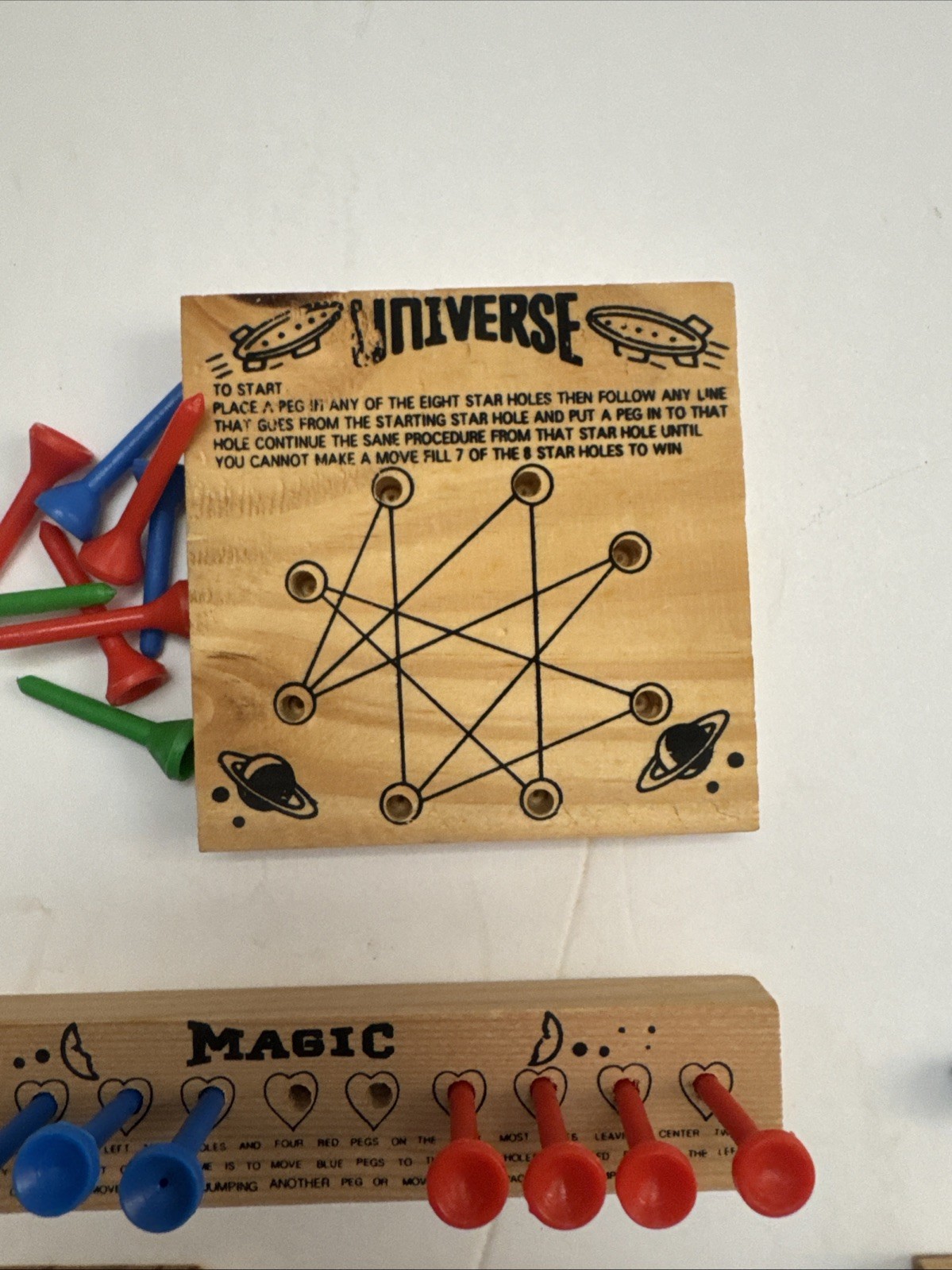 Lot Of 6 Wooden Peg Games, Tic Tac Toe, Universe, Magic, Racing, Challenger