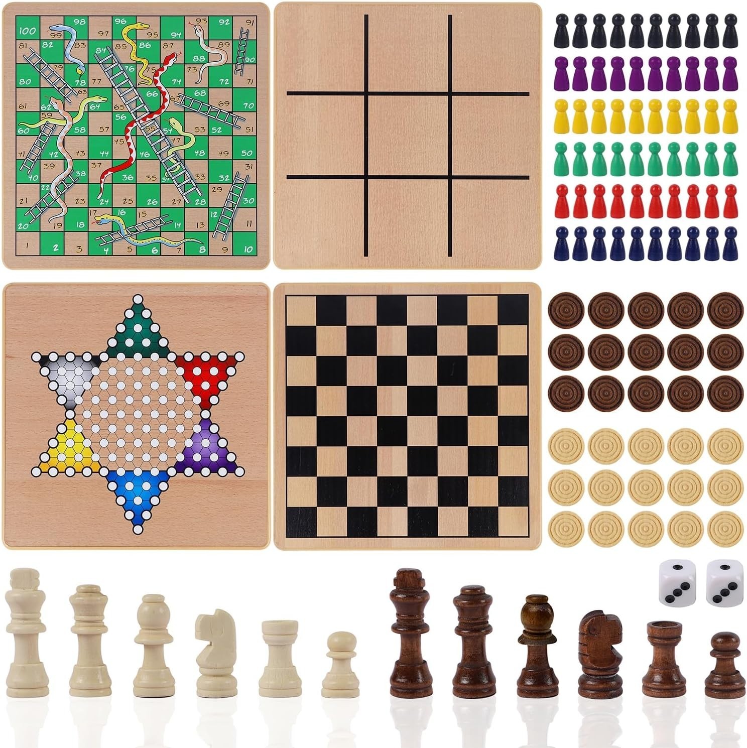 5-in-1 Wooden Board Game with 2 Reversible Boards for Chess, Checkers, Chines…