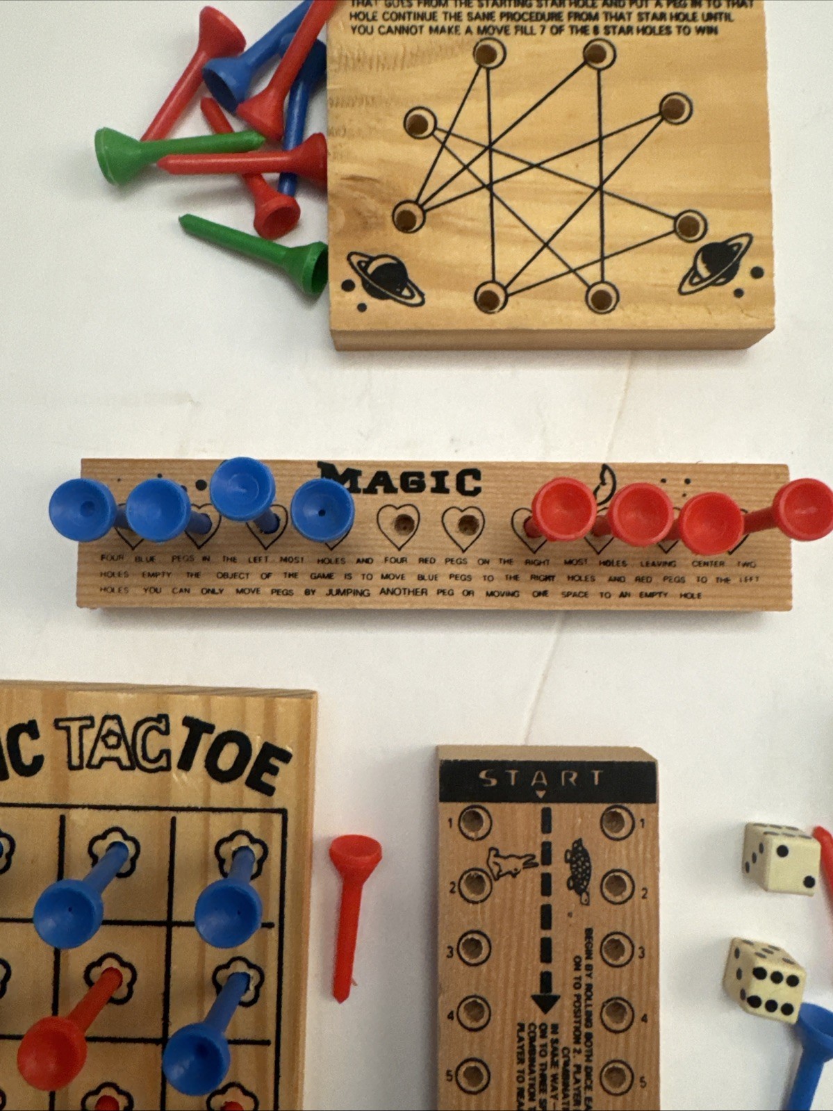 Lot Of 6 Wooden Peg Games, Tic Tac Toe, Universe, Magic, Racing, Challenger