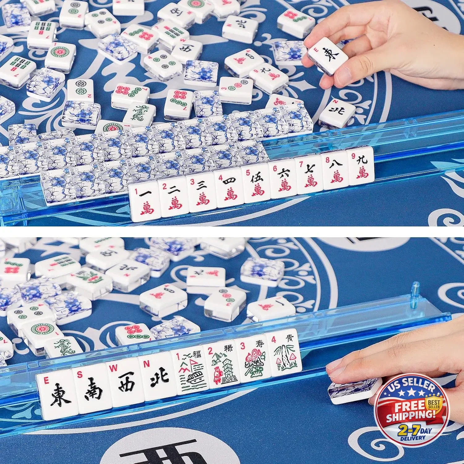 American Mahjong Set,166 Premium Acrylic Tiles with Blue Prints, 4 All-in-One Co