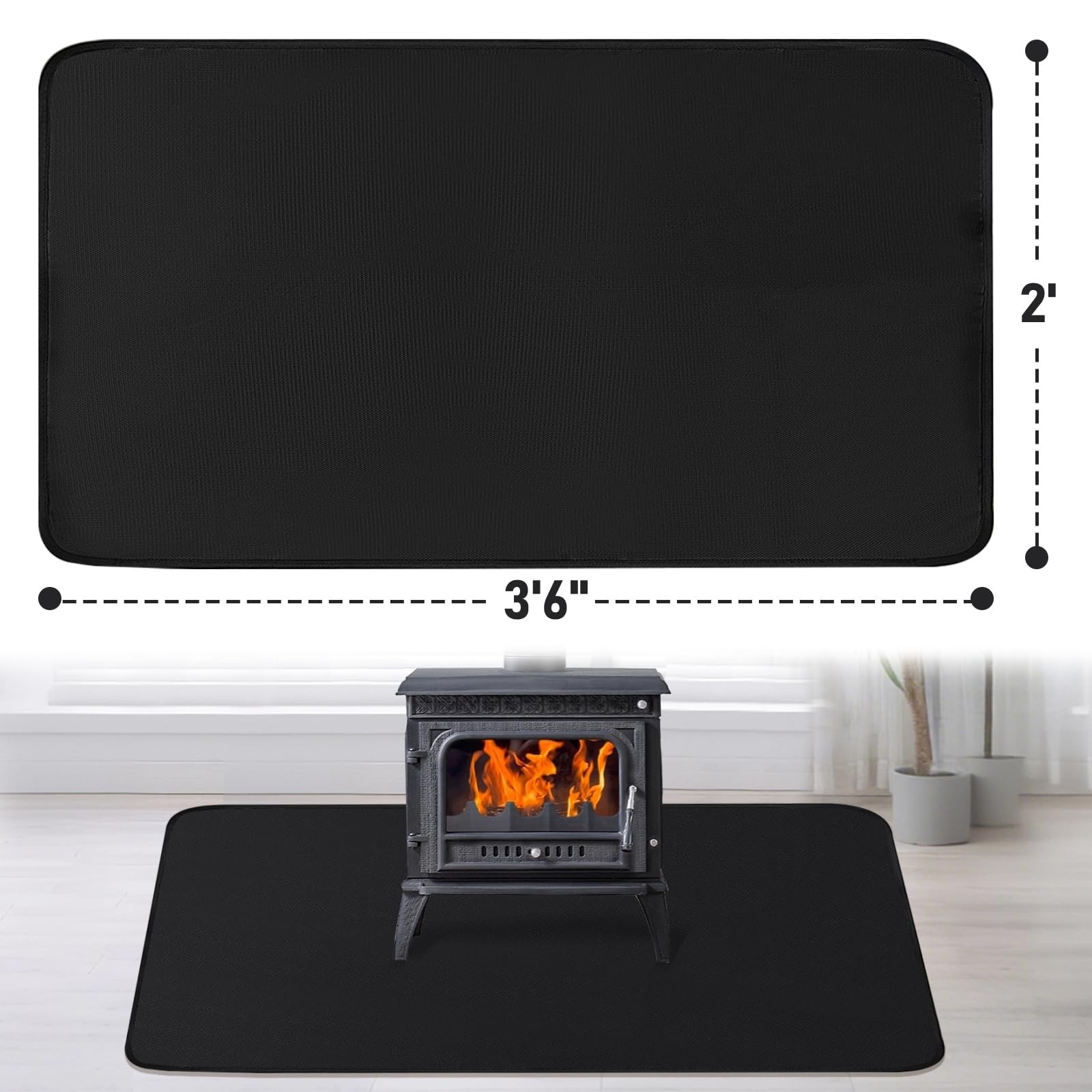 Fireplace Mat, 2′ x 3’6” x 0.04” x 3’6″ (Rectangular), Black