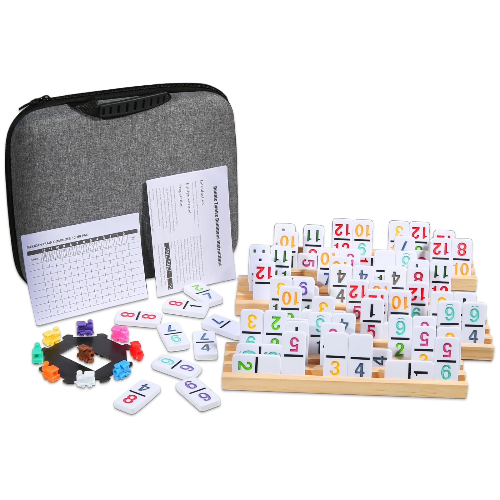 Mexican Train Numbers Dominoes with 4 Wood Trays, Color Double 12 Numerical D…