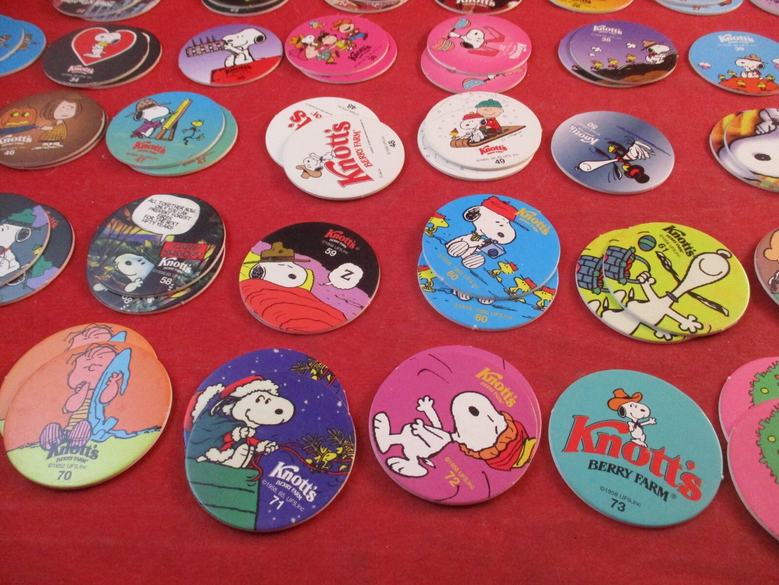 Set of 75 Knott’s Berry Farm Pog Rides & Peanuts Charlie Brown Snoopy w/Slammers