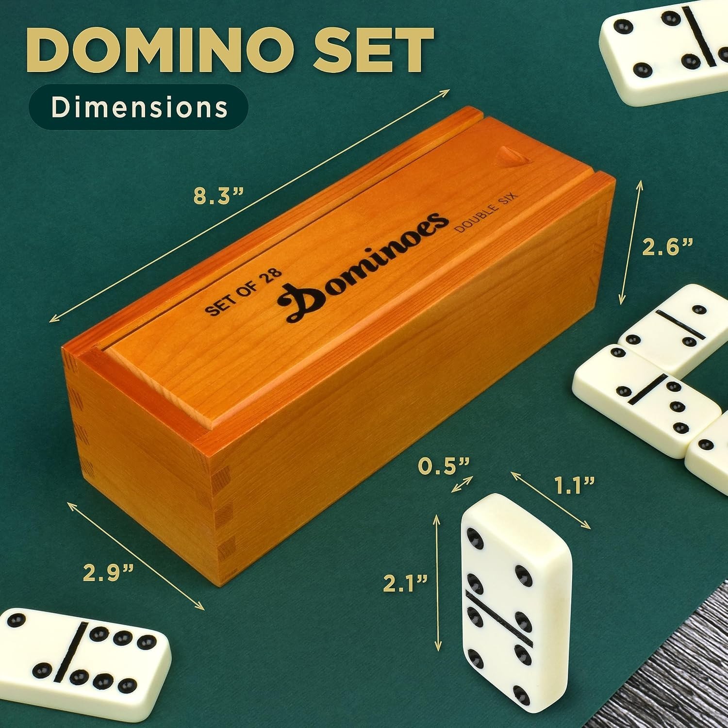 Queensell Jumbo Dominoes Set for Family Fun – 28 Double 6 Tiles in Wooden Box