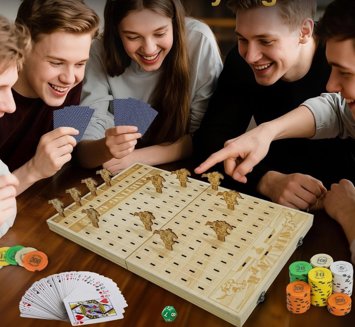 Wood Horse Racing Board Game-Foldable-Portable-Includes: Horses-Cards-Chips-Dice