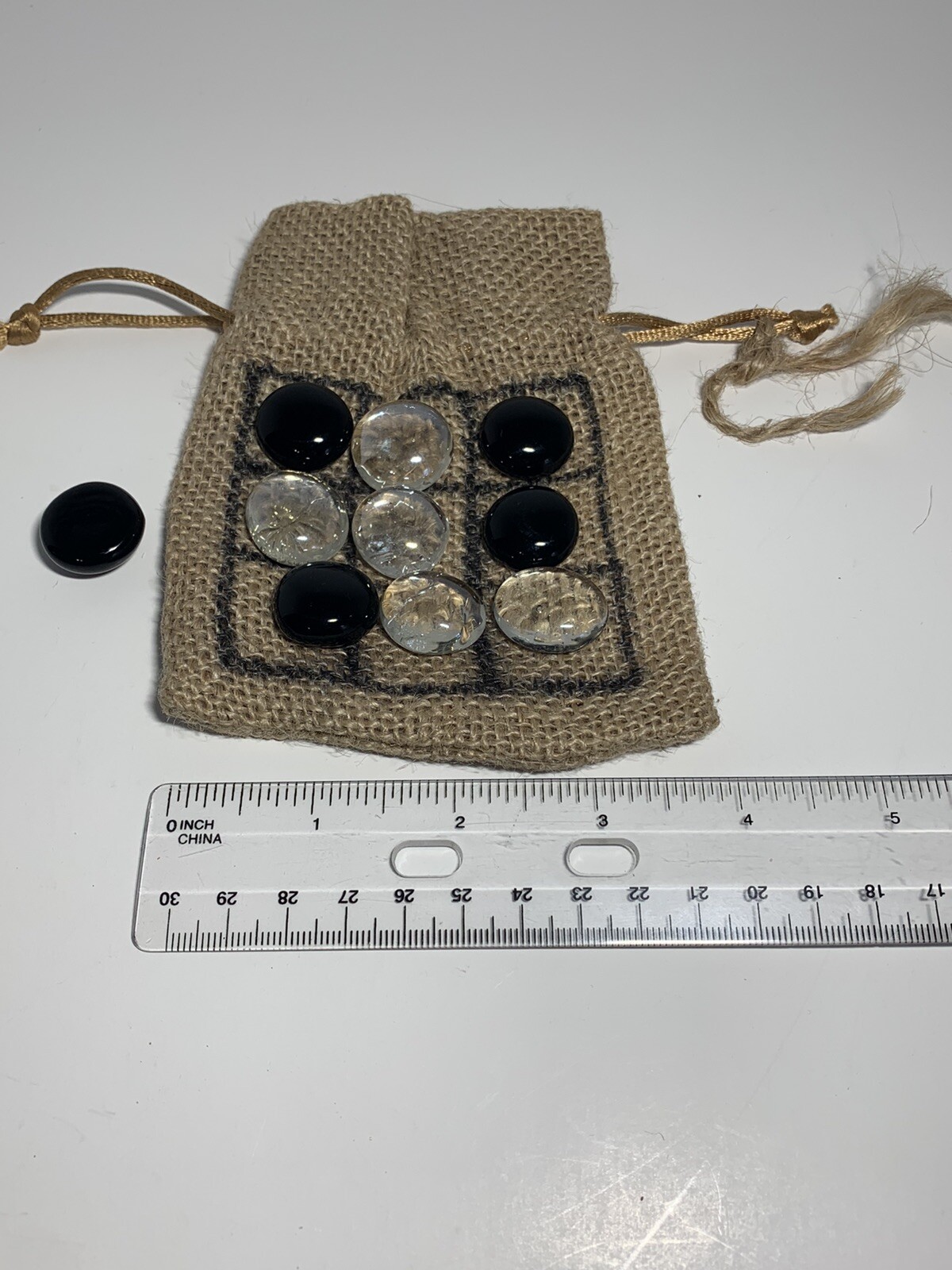 Handmade Tic-Tac-Toe Game Travel Size Burlap Sack with Flat Marble Markers
