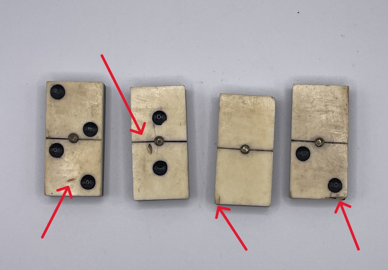 (27) Antique Handmade Bone and Ebony Dominoes Metal Rivet w/ Antique Metal Tin