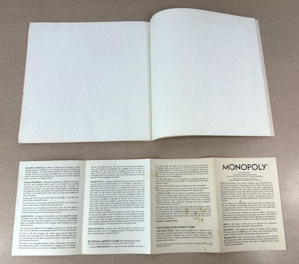 Vintage Braille and Low Vision Monopoly 1986 Regular Components Included READ