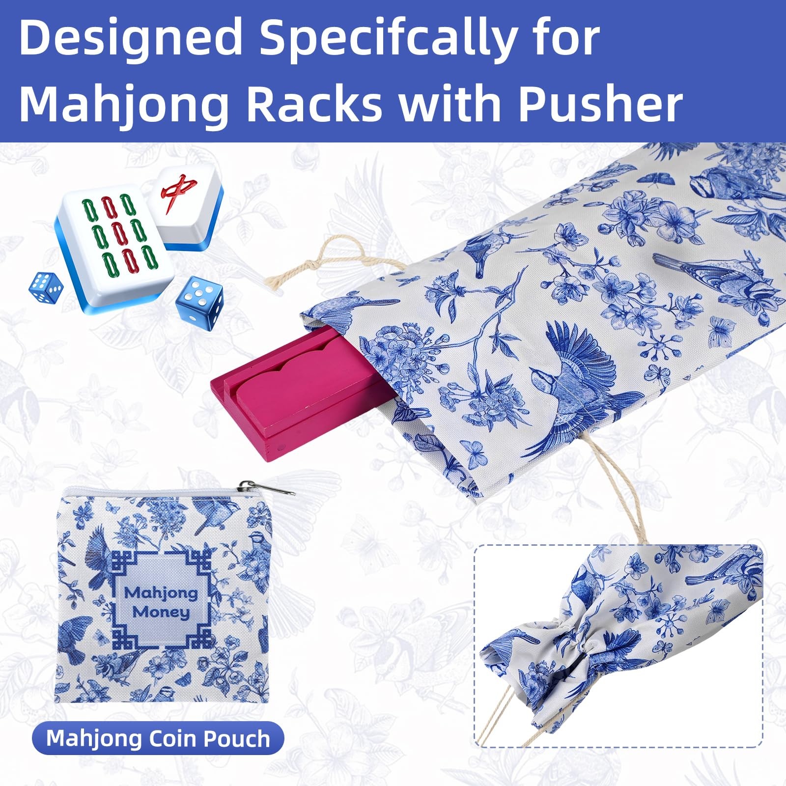 4 Pcs Empty Mahjong Bags Set Mahjong Tile Bag with Handle Thickened Blue Prin…