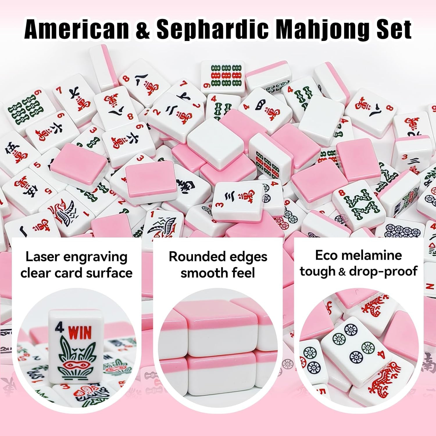 American Mahjong Tiles Set, 166 Pink Mahjong Tiles 1.2 Inch with Carrying Bag an