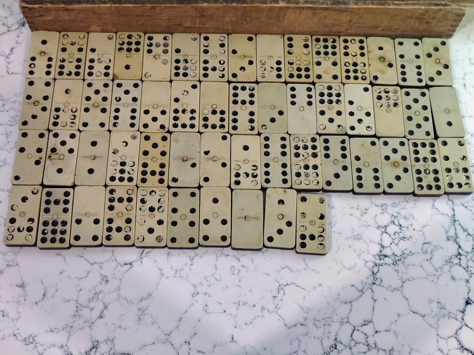 Antique Set of 55 Double Nine Dominoes – Slide-top Wood Case Complete