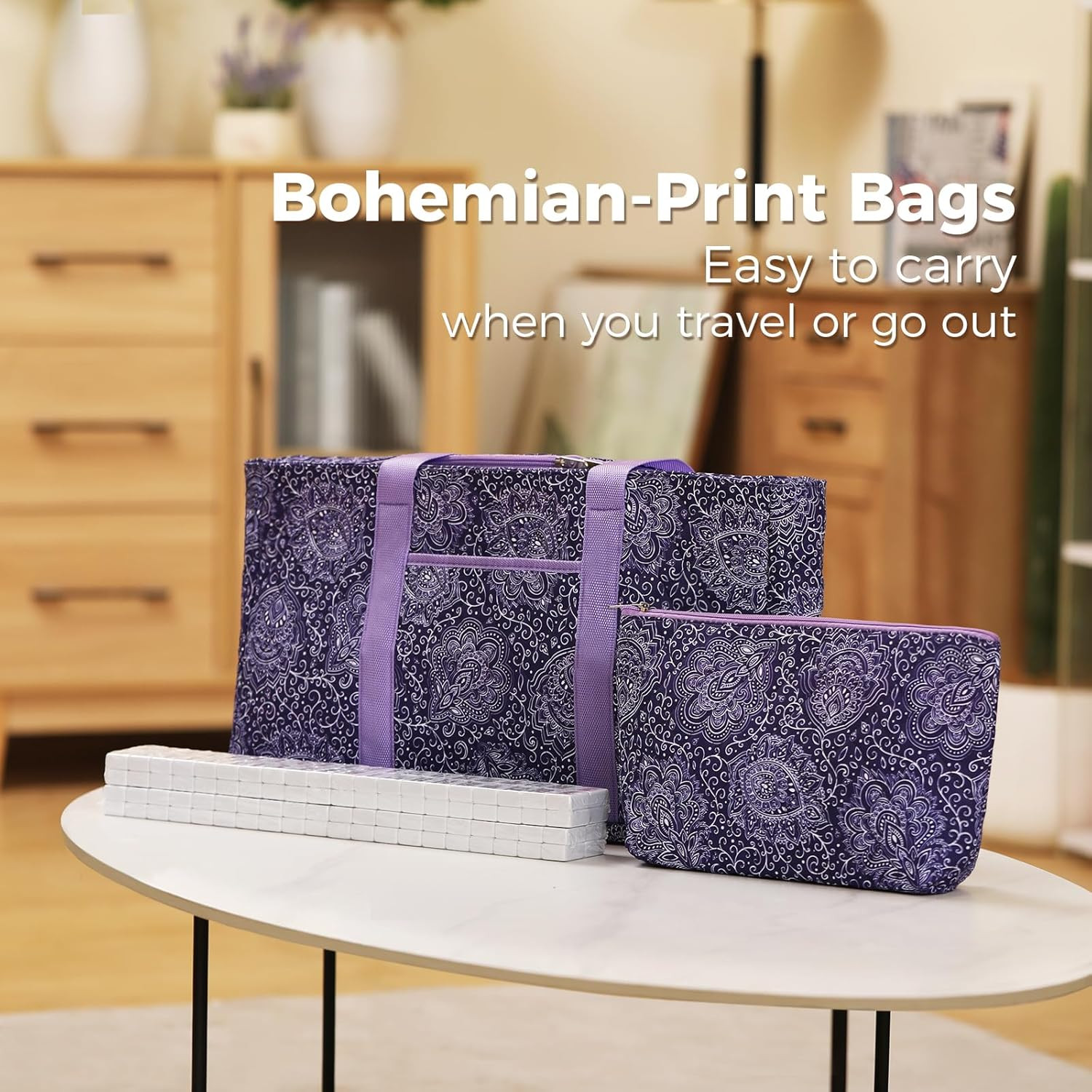 American Mahjong Tile Set with Purple Printed Carrying Bag, 166 Premium White Ti