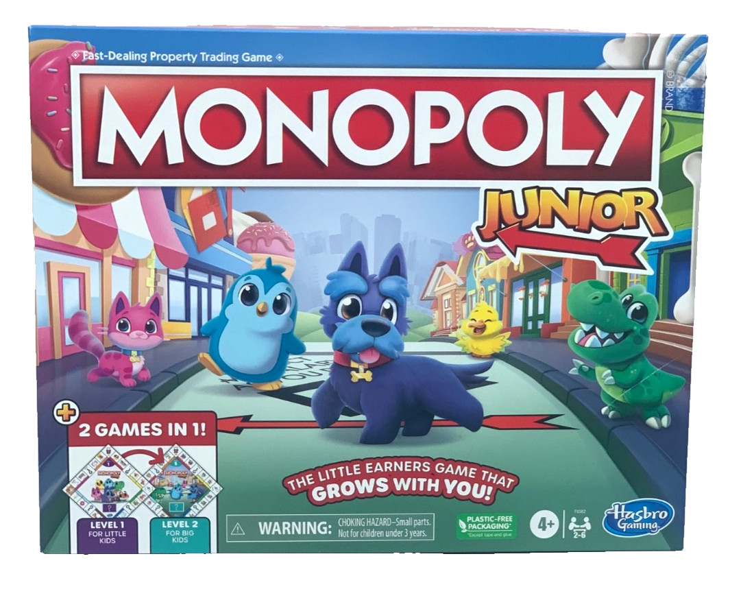 Hasbro Monopoly Junior Board Game 2 Games In 1 Level 1 & 2 Ages 4+ New In Box