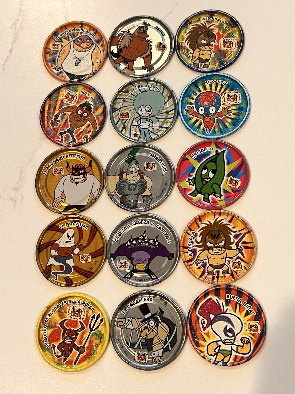 Lot 15 Vintage ¡MUCHA LUCHA! Metalix Tazos Metal Pogs Perro Kelvin Cabeza Rare
