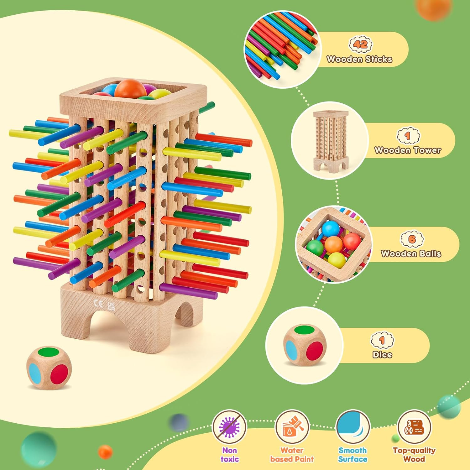 Montessori Game Wooden Board Game, 42 Colorful Wooden Sticks Dice Game Math Educ